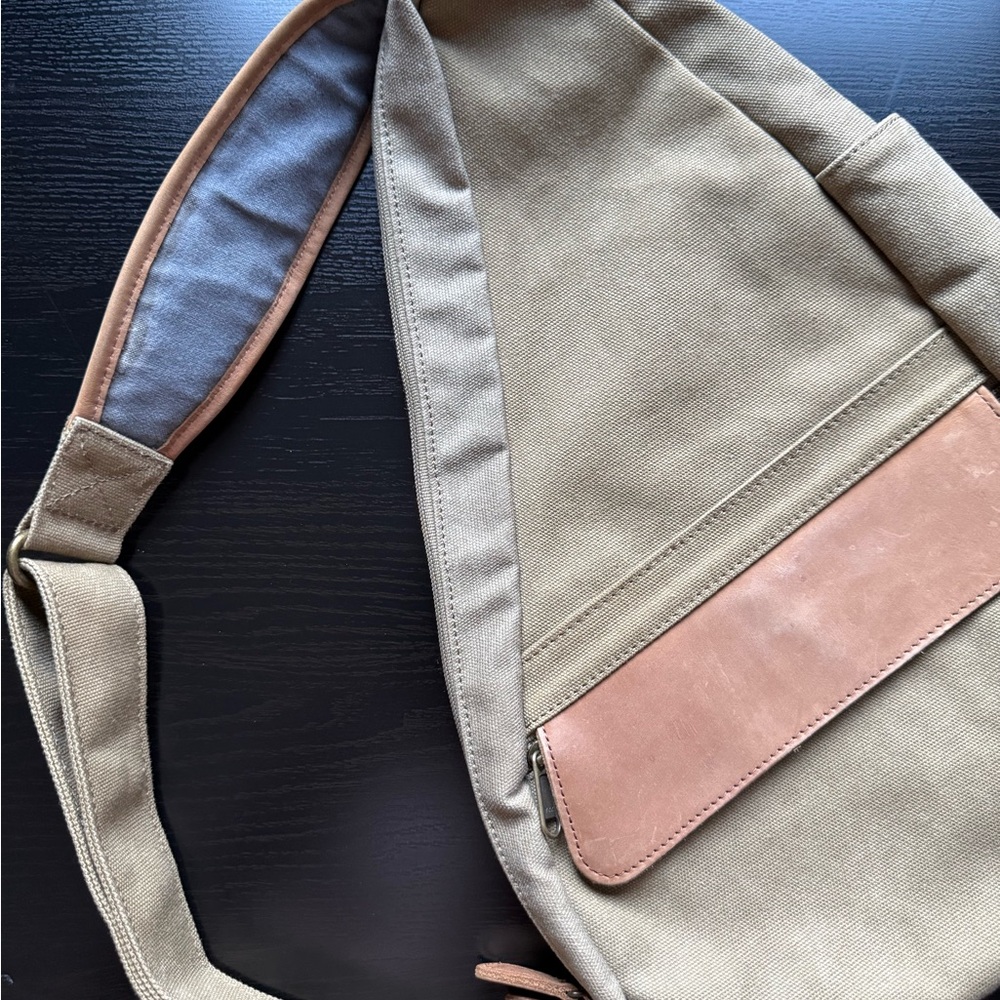 Vintage L.L. Bean Canvas Leather Sling Bag Khaki Crossbody Utility Bag - Picture 1 of 5